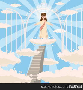 Cute God smiles with open arms, a halo of saints above his head. Cute God smiles with love with open arms, the road to heaven, the open gates of heaven, the nimbus of the saint over his head, on a cloud in heaven, sky, clouds, Christianity, vector, isolated, cartoon style, diverging rays background