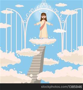 Cute God smiles with open arms, a halo of saints above his head. Cute God smiles with love with open arms, the road to heaven, the open gates of heaven, the nimbus of the saint over his head, on a cloud in heaven, sky, clouds, Christianity, vector, isolated, cartoon style
