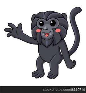 Cute goeldi s monkey cartoon waving hand