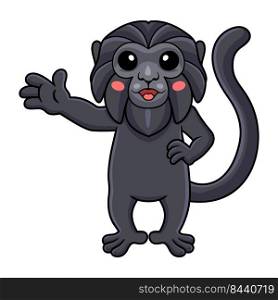 Cute goeldi's monkey cartoon waving hand