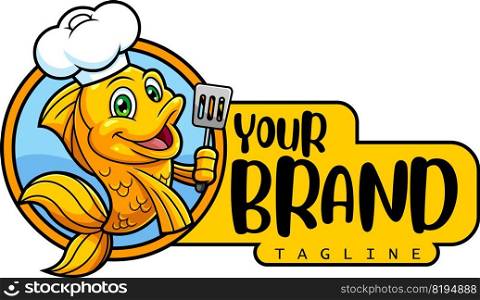 Cute Gold Fish Or Goldfish Chef Cartoon Character Holding A Slotted Spatula. Vector Hand Drawn Illustration Isolated On White Background
