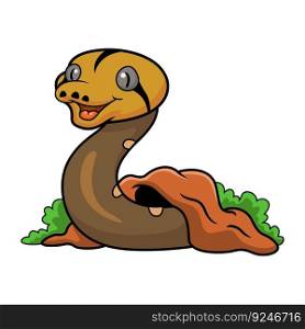 Cute golden child reticulated python cartoon out from hole