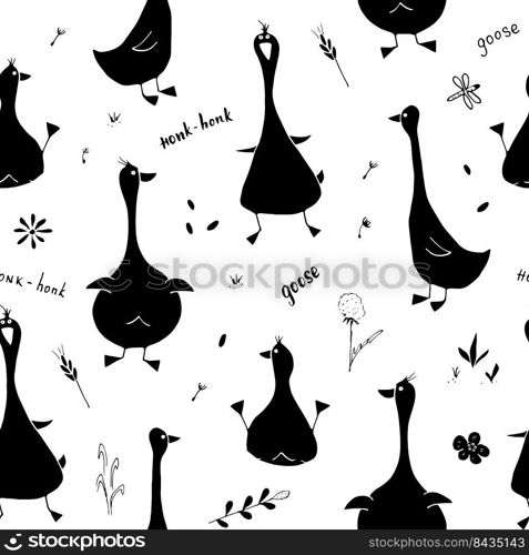 Cute Goose Seamless Pattern, Cartoon Hand Drawn Goose Doodles Vector Background Illustration .. Cute Goose Seamless Pattern, Cartoon Hand Drawn Goose Doodles Vector Background Illustration