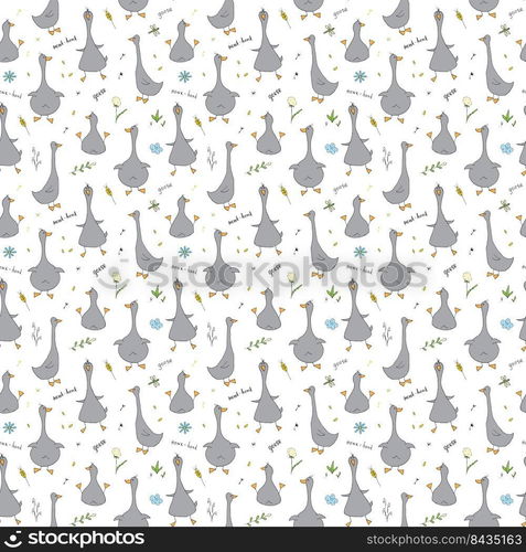 Cute Goose Seamless Pattern, Cartoon Hand Drawn Goose Doodles Vector Background Illustration .. Cute Goose Seamless Pattern, Cartoon Hand Drawn Goose Doodles Vector Background Illustration