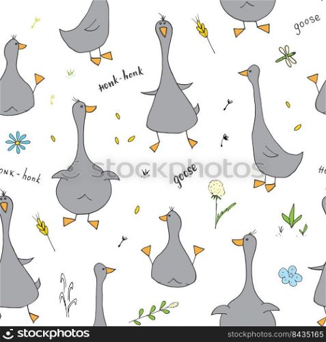 Cute Goose Seamless Pattern, Cartoon Hand Drawn Goose Doodles Vector Background Illustration .. Cute Goose Seamless Pattern, Cartoon Hand Drawn Goose Doodles Vector Background Illustration