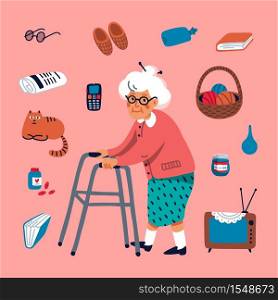 Cute grandmother walking with a walker and some elderly items on a pink background. Flat style Vector illustration.. Cute grandmother walking with a walker and some elderly items on a pink background. Flat style Vector illustration