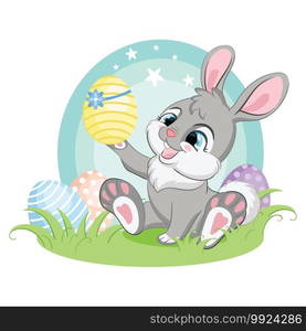 Cute gray bunny character admiring the Easter egg. Colorful illustration isolated on white background. Cartoon character rabbit easter concept for print, t-shirt, design, sticker and decorating. Gray easter bunny character admiring the Easter egg