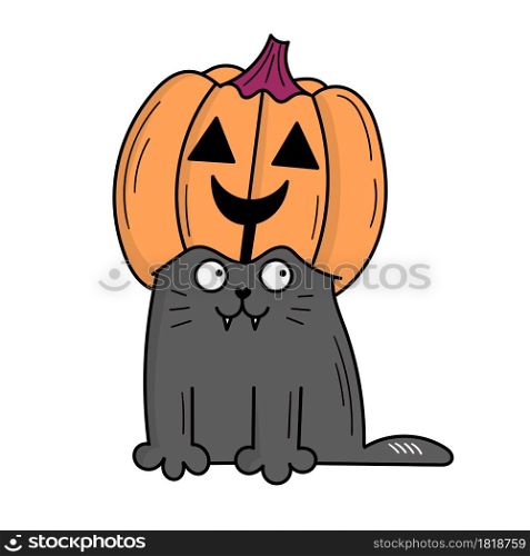 Cute gray cat with a pumpkin on his head. Halloween costume. Doodle style illustration