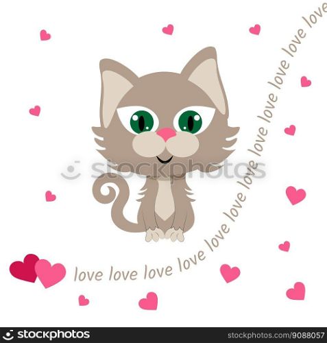 Cute gray kitten with big eyes. Girly print with a kitten on a t-shirt on a white background.
