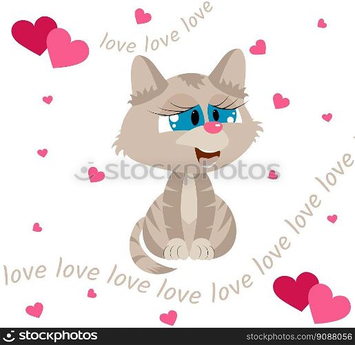 Cute gray kitten with blue eyes. Girly print with a kitten on a t-shirt on a white background.