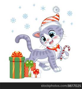 Cute gray kitten with snowflakes and christmas gifts. Cartoon character. Vector isolated illustration. For print, design, posters, cards, stickers, decor, kids apparel, baby shower and invitation. Christmas cute gray kitten with gifts vector illustration