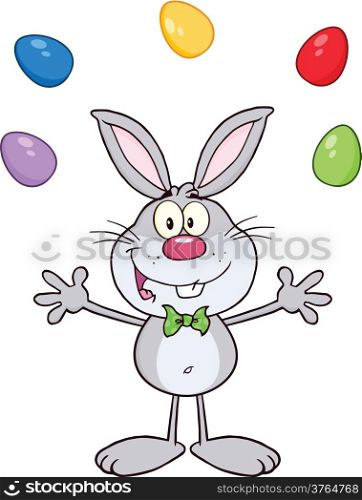 Cute Gray Rabbit Cartoon Character Juggling With Easter Eggs