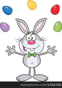 Cute Gray Rabbit Cartoon Character Juggling With Easter Eggs