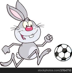 Cute Gray Rabbit Cartoon Character Playing With Soccer Ball