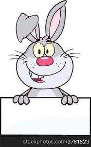 Cute Gray Rabbit Cartoon Mascot Character Over Blank Sign