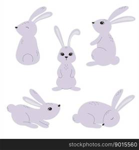 Cute gray rabbits cartoon collection. Hand drawn animals hares set. Rabbit sits, sleeps, jumps. Isolated rabbit clip art, vector illustration. Cute gray rabbits cartoon collection