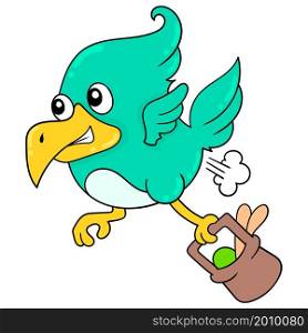 cute green bird flying carrying vegetable groceries