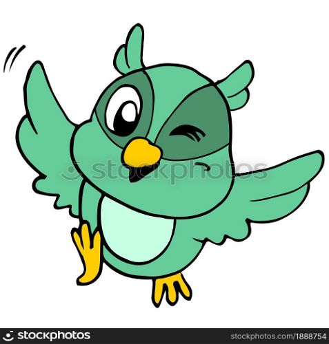 cute green bird flying with joy. cartoon illustration sticker mascot emoticon