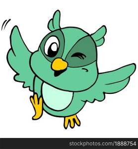 cute green bird flying with joy. cartoon illustration sticker mascot emoticon