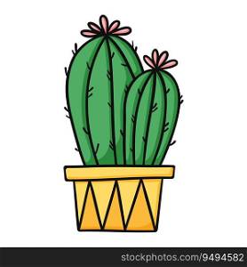 Cute green cartoon cactus with pink flowers in yellow pot. Isolated vector illustration on white background.