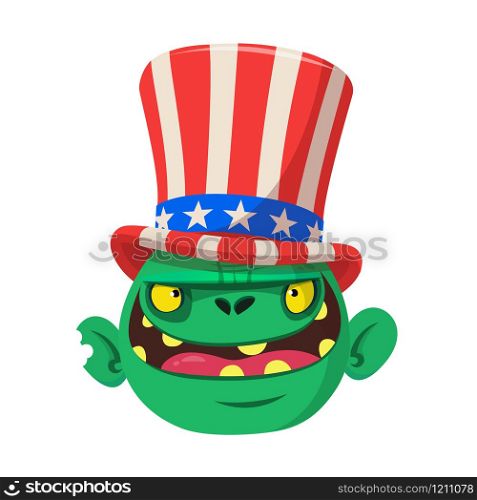 Cute green cartoon monster wearing Uncle Sam hat. Design character for American Independence Day. Vector illustration for print or decoration