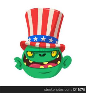 Cute green cartoon monster wearing Uncle Sam hat. Design character for American Independence Day. Vector illustration for print or decoration