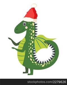 Cute green christmas dragon in santa hat. Year of the Dragon 2024, Chinese calendar.. Year of the Dragon 2024, Chinese calendar. Cute green christmas dragon in santa hat