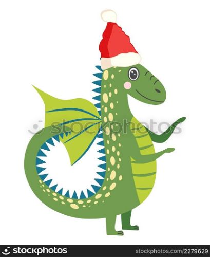 Cute green christmas dragon in santa hat. Year of the Dragon 2024, Chinese calendar.. Year of the Dragon 2024, Chinese calendar. Cute green christmas dragon in santa hat