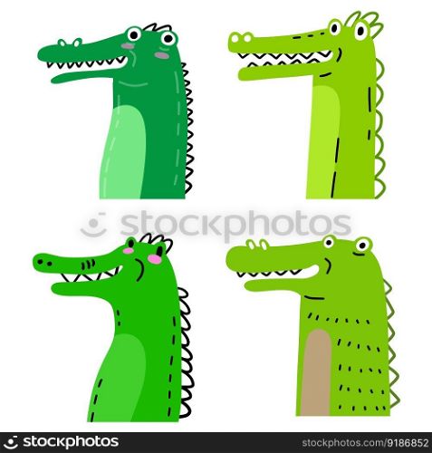 Cute green crocodile, for children product illustrations, clothes design. Set of Funny green alligator. Reptile character in cartoon style. Cute green crocodile