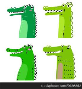 Cute green crocodile, for children product illustrations, clothes design. Set of Funny green alligator. Reptile character in cartoon style. Cute green crocodile