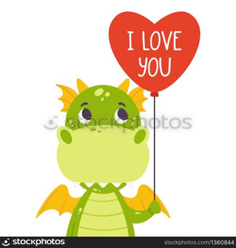 Cute green dragon with balloon in shape of heart and hand drawn lettering quote - I love you. Valentines day greeting card. Vector illustration isolated on white background for print, card and poster.