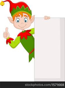 Cute green elf holding blank sign and giving thumbs up