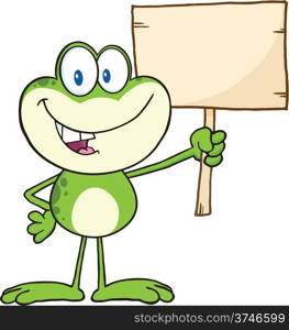 Cute Green Frog Cartoon Character Holding Up A Wood Sign