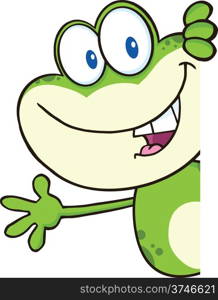 Cute Green Frog Cartoon Character Looking Around A Blank Sign And Waving
