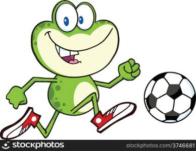 Cute Green Frog Cartoon Character Playing With Soccer Ball
