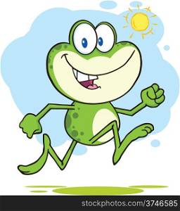Cute Green Frog Cartoon Character Running Outdoor
