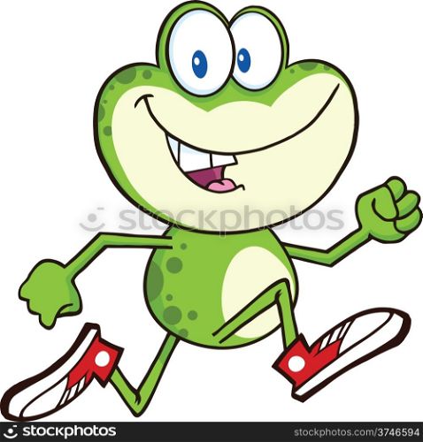 Cute Green Frog Cartoon Character Running With Sneakers