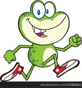 Cute Green Frog Cartoon Character Running With Sneakers