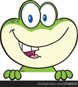 Cute Green Frog Cartoon Mascot Character Over Blank Sign