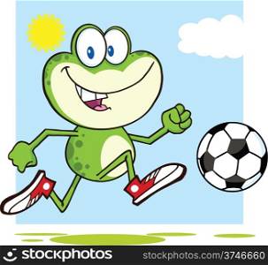 Cute Green Frog Cartoon Mascot Character Playing With Soccer Ball