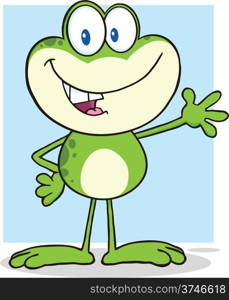 Cute Green Frog Cartoon Mascot Character Waving For Greeting