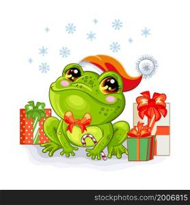 Cute green frog in a Christmas hat with gifts and snowflakes. Cartoon frog character. Vector cartoon isolated illustration. For postcard, posters, design, greeting card, stickers, decor,kids apparel. Cute Christmas frog with gifts vector illustration