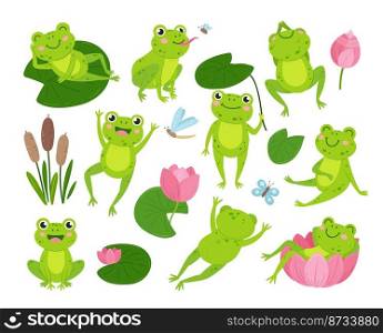 Cute green frogs. Nature and frogs, cartoon toad in pond. Funny animal in lotus, on leaves and eating insects. Neoteric childish froggy vector characters. Illustration of character green&hibian. Cute green frogs. Nature and frogs, cartoon toad in pond. Funny animal in lotus, on leaves and eating insects. Neoteric childish froggy vector characters