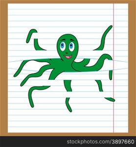 Cute green octopus caught in the lines of sheet, cartoon vector illustration