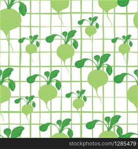 Cute green radish seamless pattern on stripes background. Vegetarian healthy food texture. Botanical wallpaper. Design for fabric, textile print, wrapping paper, kitchen textiles. Vector illustration. Cute green radish seamless pattern on stripes background. Vegetarian healthy food texture.
