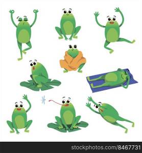 Cute green toad cartoon character vector illustrations set. Jumping, relaxing, dancing, meditating, sitting, waving frog drawings isolated on white background. Wildlife, nature, animals concept