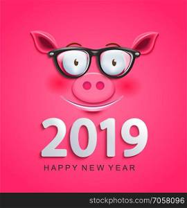 Cute greeting card for 2019 new year with smiling clever pig’s face in glasses on pink background.Chinese symbol of the 2019 year. Zodiac, lunar sign of goroscope.Year of the pig. Vector illustration.. Greeting card for 2019 new year with pig face