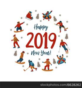 Cute greeting card, vector illustration. People are engaged in winter sports, ride a roller coaster on tubing and sledding, skiing, skating and snowboarding, playing hockey.. Happy New Year. Vector illustration. A set of characters engaged in winter sports and recreation.