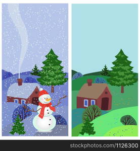 Cute greeting card with the village landscape in winter and summer, vector illustration