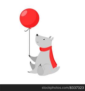 Cute grey bear holding air balloon. Cartoon character, animal, red scarf. Holiday concept. Can be used for topics like celebration, birthday, party